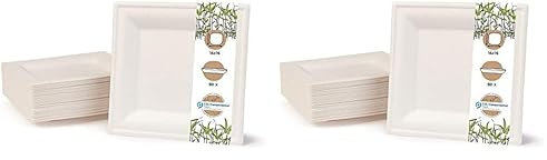 GREENBOX - Vaisselle jetable en bagasse écologique - 50 assiettes carrées blanchies 16 x 16 cm - Assiettes jetables de fête bio (Lot de 2)