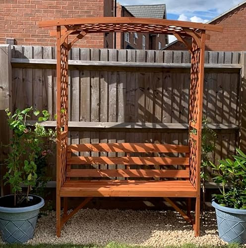 Wooden Garden Arbour Bench Seat Trellis Rustic Outdoor Patio Backyard Arched 2 Seater Loveseat Plant Pergola Arch Lawn Climbing Plants Canopy