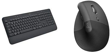 Logitech Signature K650 Wireless Keyboard with Wrist Rest, Full-Size, BLE Bluetooth or Logi Bolt USB, Comfort Deep-Cushioned Keys, Lift Vertical Ergonomic Mouse, Wireless, QWERTY UK