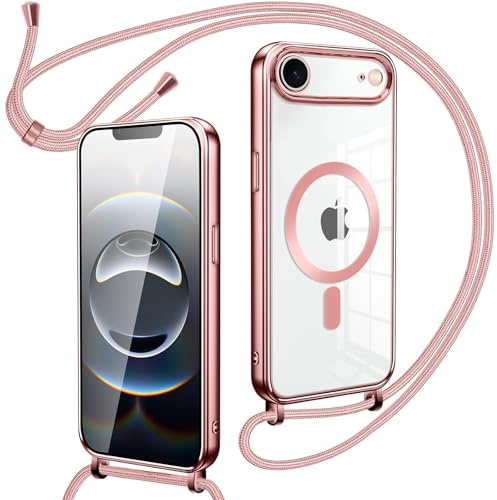 Oelrstfe Collier Magnétique Coque avec Cordon pour iPhone 17 Air, Transparent Réglable Étui Chain Chaine Housse de Souple Silicone Antichoc Etui Bandouliere Laniere pour iPhone Air-Rose-Gold