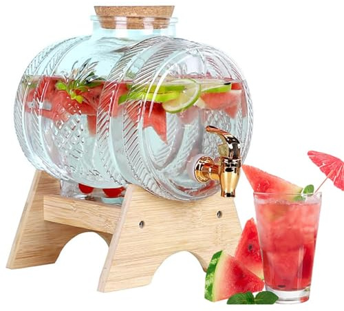 BLUEZY Distributeur De Boisson en Verre avec Robinet Anti-Fuite, Fontaine A Eau Tonneau De Boisson Jarre Cocktail avec Support en Bois, Récipient À Boissons Froides pour Réfrigérateur 5L
