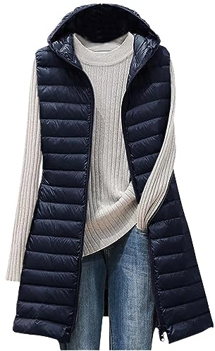 TURWXGSO Womens Gilets Hooded Quilted Gilet Vest Ladies Body Warmer Zip Up Slim Fit Mid Length Hooded Jackets Sleeveless Waistcoat Padded Gilet Puffer Down Vest Autumn Winter Warm Outerwear