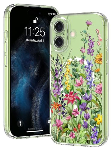 OOK Magnetic for iPhone 17 Case, Clear Cute Flowers Floral [Not Yellowing][Screen Protector] [ MagSafe Compatible ] with Full Camera Lens Military-Grade Protected, Colorful Flowers 6.1-Inch