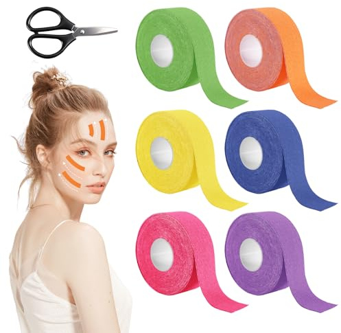 6 Pcs Face Lifting Tape, Taping Visage Autocollant Lifting Visage 2.5cm x5m | Patch Anti Rides Tape, Patches Faciaux Bande de Kinesiologie pour Raffermir La Peau, Amélioration du Double Menton