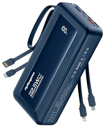 FlyKangaroo Power Bank 20000mAh(2026 Upgrade), 22,5W Powerbank Externer Handyakkus mit Kabel, 6 Ausgängen & 2 Eingängen, Tragbares Ladegerät mit LED Display Kompatibel mit für iPhone, Samsung, Pixel