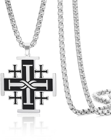 VASSAGO Jerusalem-Kreuz-Halskette, Edelstahl, Kreuzfahrer, Kreuzanhänger, Halskette, religiöse Aussage, Gebet, Amulett, mittelalterliche Taufe, Schmuck, Geschenk für Männer und Frauen