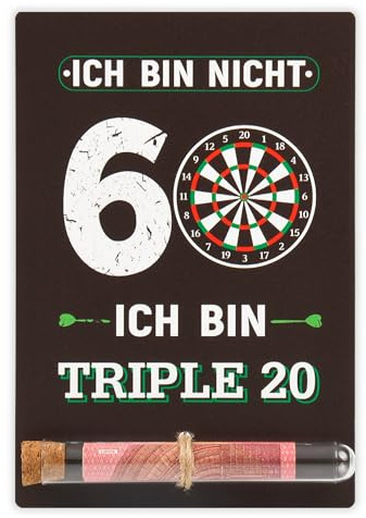 Holz Karte 60 geburtstag Männer,Geldgeschenke Geburtstagskarte Dart (60-1) | Männer Geburtstags Geldgeschenk: Holzkarte mit Darts-Motiv & witzigem Darts-Spruch, kreatives Komplett-Set im Glasröhrchen