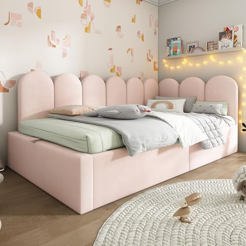 LINKHOO Polsterbett Daybett, Schlafsofa mit hydraulischem Stauraum, Kinderbett mit Metall-Lattenrost(ohne Matratze), Samt, 90x190 cm,Rosa