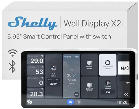 Shelly Wall Display X2i Argento - 6.9 Pannello di Controllo Smart Wi-Fi, Relè Integrato 5A, Richiede Neutro, Sensore LUX e sensore G, Altoparlanti Stereo, Alexa e Google, Home Assistant