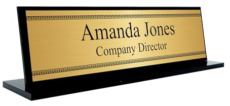 Personalised Office Desk Sign Name Plate Custom Modern Plaque Work Office Home Black Acrylic Base, Greek Style Border Art Pattern D1B