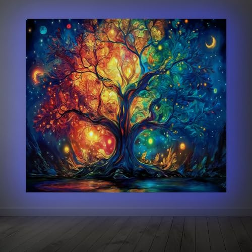 CRAFTYMELODY Lebensbaum Wandteppich Im Schwarzlicht Look Bunter Im Dunkeln Leuchtender Baum Im Bohème Stil UV Reaktiver Wandteppich 5951 x (5) cm Mit Haken