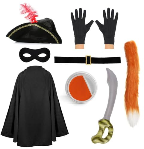 Adults Cat Bandit Costume - 8-Piece Fancy Dress Set with Tricorn Hat, Cape, Mask, Gloves, Belt, Tail, Inflatable Sword & Facepaint - Puss in Boots Inspired World Book Day Outfit