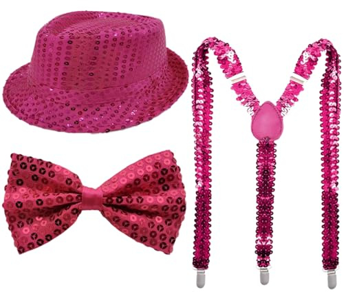 Riismen Chapeaux Fedora En Paillettes Brillantes Cravates Pré Nœud Et Gants Pour Costumes Disco Hommes Et Femmes Rétro Pour Soirée Danse Disco