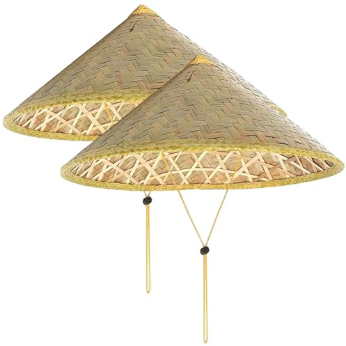Chapeau Conique Chinois en Bambou, 2 pièces, Chapeau de Riz de 14 Pouces avec Corde réglable tissée en Paille Riz, Casquette Pluie Touristique pour la pêche des Agriculteurs