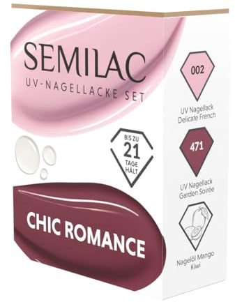 Semilac UV Nagellack Set Chic Romance – 2 Gel Nagellack Farben 002 Delicate French & 471 Garden Soirée + Kiwi Mango Nagelöl – Romantische Nude Rosa Maniküre, LED/UV Gel Polish