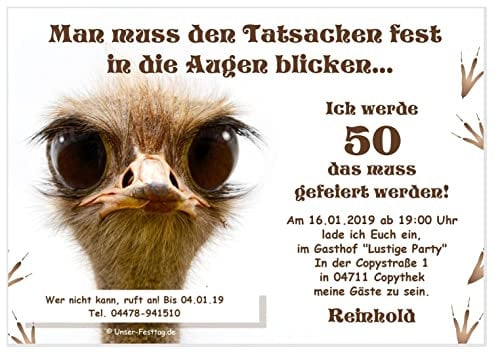 Lustige Einladungskarten zum Geburtstag, Vogel Strauß, jedes Alter möglich 40,50,60,70, Wunschtext, personalisierbar, Digital als Foto oder in gedruckter Form auf Feinstkarton, 1-200 Stück