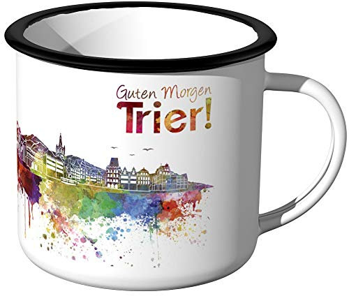 JUNIWORDS Emaille-Tasse, Guten Morgen Trier, Skyline Aquarell, Schwarzer Tassenrand