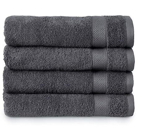 Welhome Basic 100% Cotton Towel (Charcoal Grey)- Set of 4 Bath Towels - Quick Dry - Absorbent - Soft - 434 GSM - Machine Washable