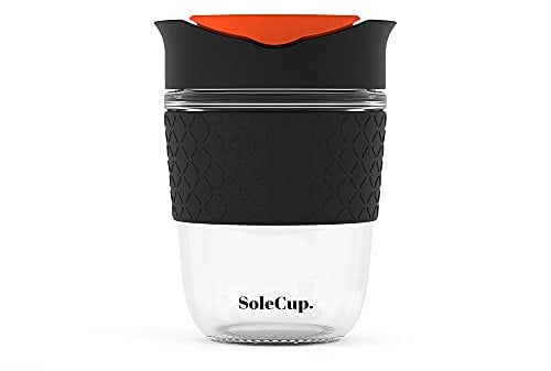 SoleCup. - Reusable Strengthened Glass Travel Cup - Spill Proof Insulated Coffee Mug - 12oz/340ml BPA-Free Hot Drink Travel Mug with Lid & Silicone Band (Black)