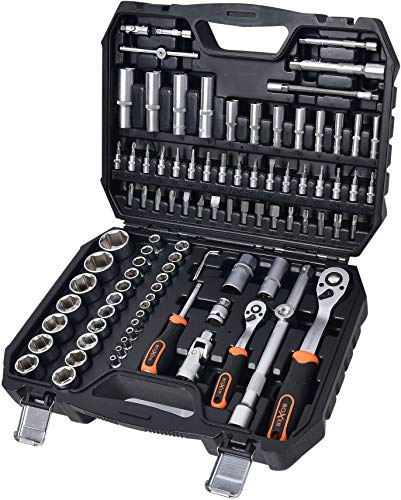 Coffret à Douilles 1/2 et 1/4 avec 92 Pièces - Clé à Cliquet, T-Grip, Bits et Douilles - Parfait pour Tous les Écrous et Boulons - Noir/Orange