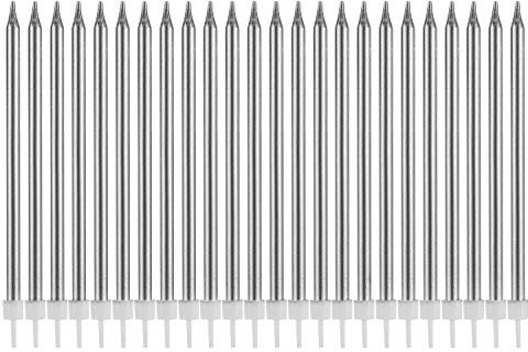 Happy Birthday Metallic Silver 24pcs Tall Birthday Cake Candles Holders Long Thin Cupcake Candles Topper for Wedding Party Decoration