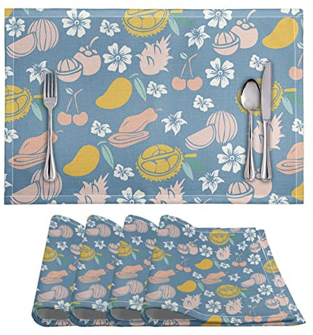 Tovagliette Americana Ciliegia Mango Blu Tovagliette Colazione PVC Tovagliette Americana Plastica Lavabili Antiscivolo Sottopiatti Resistente Al Calore Sotto Piatti Da Tavola 30x45cm 4 Pcs