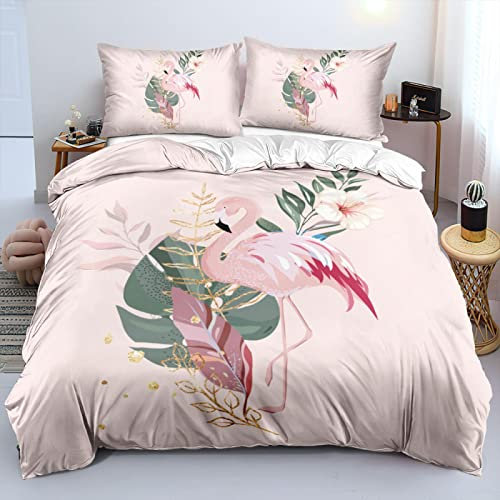 SKDOLK Parure De Lit King Size en Microfibre Housse De Couette 200X200Cm Imprimé 3D Flamants Roses Plantes Fleurs Housse De Couette avec 2 Taies d'oreiller pour Enfants, Adultes