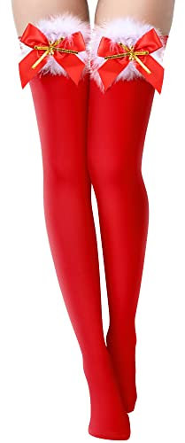 SATINIOR Weihnachten Schleife Kniestrümpfe Nylo Halterlose Oberschenkel Strümpfe Undurchsichtig Socken, 1 Paar (Rot)