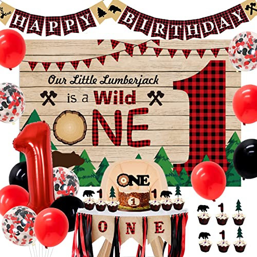 JOYMEMO Lumberjack Party Decorations Buffalo Plaid Camping Backdrop Wild One Happy Birthday One High Chair Banner for Bear 1st Birthday Party Supplies