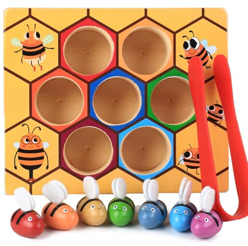 YUNCHY Toddler Fine Motor Skill Toy, Bee to Hive Matching Game, Montessori Wooden Color Sorting Matching Toy, Preschool Educational Learning Toys Gift for Toddler 3 Years Old
