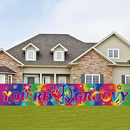 LOONELO Groovy langes Banner mit 200 x 40 cm, 60er Jahre Karneval Groovy Party Dekoration Banner, Groovy Fotografie Hintergrund Party Zubehör für Retro Hippie Party Dekorationen