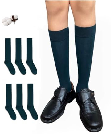 CYS Calcetines 6 Pares De Colegio Escolares Medias Largos Altos Algodón Hasta la rodilla Lisos Para Niñas Niños Infantiles unisex (TALLA 35-38, VERDE BOTELLA)