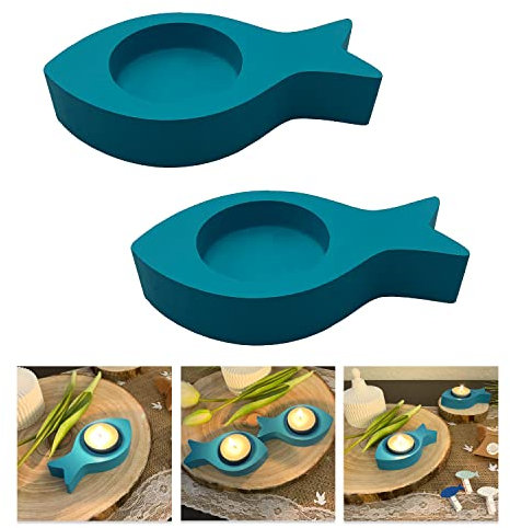 Oblique Unique Teelichthalter Fisch 2er Set Kerzenhalter Fische aus Holz - Tisch Dekoration für Taufe Kommunion Konfirmation Taufdeko (Türkis)