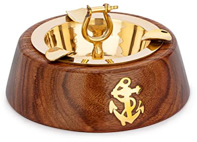 NKlaus 12cm Tischaschenbecher aus massivem Messing in Gold mit Schäkel-Design und Holzsockel stilvolles Accessoire maritimem Flair 11510