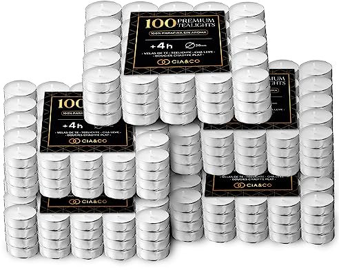Pack Cia&Co 500 Velas de te 4 Horas. Velas Blancas Redondas sin Aroma y 100% Parafina. Diámetro 38 mm, Ideal Hostelería Sin Olor