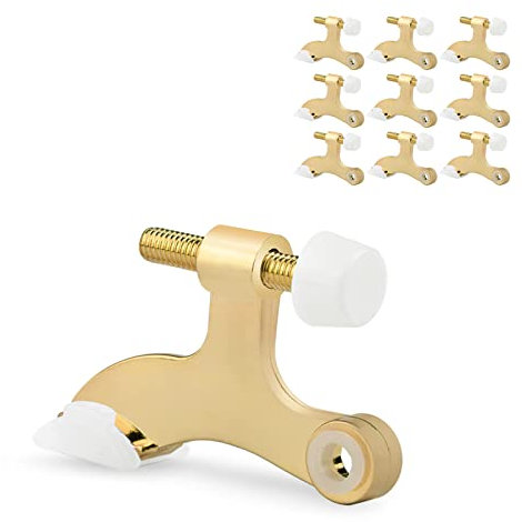 KOVOSCH 10 Pack Hinge Pin Door Stopper Bright Brass - Adjustable Heavy Duty Gold Hinge Pin Door Stops with White Rubber Bumper Tip