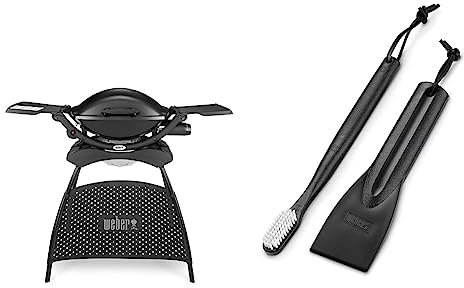 Weber Q2000 Gasgrill, 55 x 39 cm, mit Standfuss & ausklappbaren Seitentischen, Schwarz (53010379) & 6202 Reinigungsset für Gasgrills 2-teilig, bestehend aus Bürste und Reinigungsspachtel