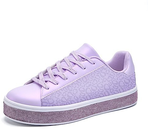 UUBARIS Sneakers da tennis da donna con glitter neon elegante scintillante scarpe da sposa con strass Bling scarpe da sposa lucido paillettes scarpe, Glitter viola leopardato, 42 EU