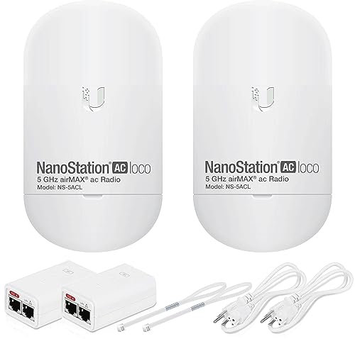 Ubiquiti AirMAX NanoStation 5AC LOCO - Kit di 2 unità preconfigurato al 100% come bridge wireless di rete per comunicazioni wireless a lunga distanza, Plug & Play, nessuna configurazione necessaria