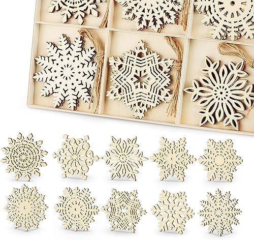 Agoer 30 Stück Weihnachtsbaumschmuck Holz, DIY Schneeflocke Tannenbaumschmuck Anhänger Set, 10 Verschiedenen Motiven Christbaumschmuck Holz