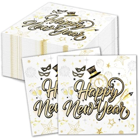 HOWAF 40 Stück Servietten Silvester, Happy New Year Servietten Silvester Servietten 2025, Neujahr Papierservietten Tissue Silvester Tischdeko für Neujahr Deko, Silvester Deko 2025, 33x33 cm, Weißgold
