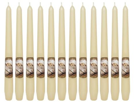 Dekohelden24 Duft-Stabkerze, Leuchterkerze mit weihnachtlichem Vanille-Stollen Duft, 12 Stück, Duftrichtung Vanille-Stollen in Elfenbein-vanille, Größe: H/Ø ca. 25 x 2 cm, 60 gr