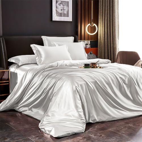 Bettwäsche Set Satin 220x240cm 3teilig Weiß Silky Touch Glänzend Seide Einfarbig Bettbezug Set Glatt Luxus Weiß Bettwäsche Set Microfaser Einzelbett mit Reissverschluss und Kissenbezüge 80x80cm