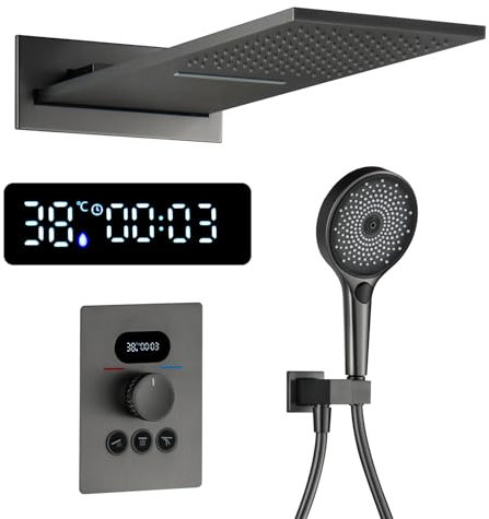 QREZAA Duschsystem mit Thermostat, Unterputz Duscharmatur Set LED Digitalanzeige Regendusche Unterputz Pistolengrau Duschset Duschsäuleset Wandmontiert Regendusche Set mit Duschkopf, Handbrause