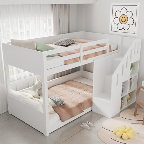 Kinderbett Etagenbett 90x200 für 2 Kinder, Multifunktionales Holzbett Hochbett mit Treppen und Schließfächern Stauraum, Bettgestell mit Rausfallschutz und Lattenrost, Massivholz, ohne Matratze, Weiß