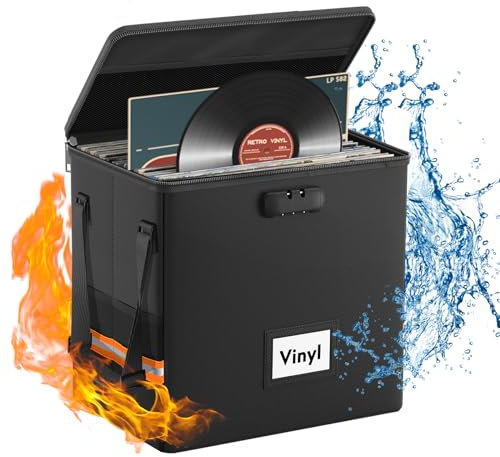 ZOOPIP Feuerfeste Vinyl-Schallplatten-Aufbewahrungsbox mit Schloss, wasserabweisend, kleiner Schallplatten-Organizer, faltbare Vinyl-Schallplatten-Aufbewahrungsbox, für 55 einzelne Alben, 1,2 cm,