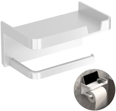 Toilet Roll Holder Wall Mounted Self Adhesive Toilet Roll Holder With Phone Shelf Tissue Holder Bathroom Waterproof Moisture Proof anti Corrosion anti Slip anti Fall (White)