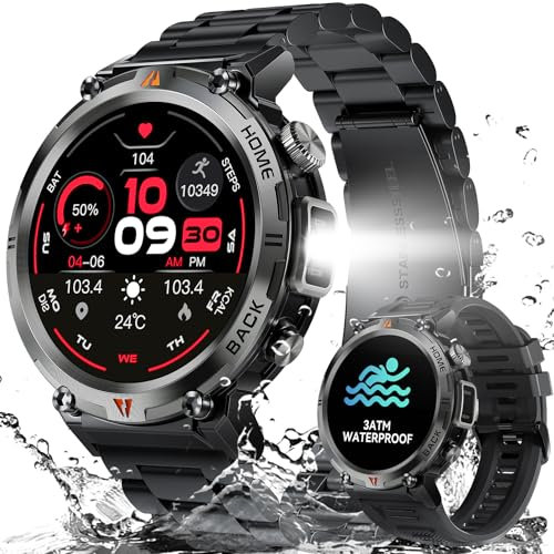 Reloj Inteligente Hombre con Linterna LED 3ATM Impermeable 1,45'' HD Smartwatch Llamadas Bluetooth 113 Modos Deportes Podómetro Pulsómetro Sueño Pulsera Actividad Inteligente para iOS Android Samsung