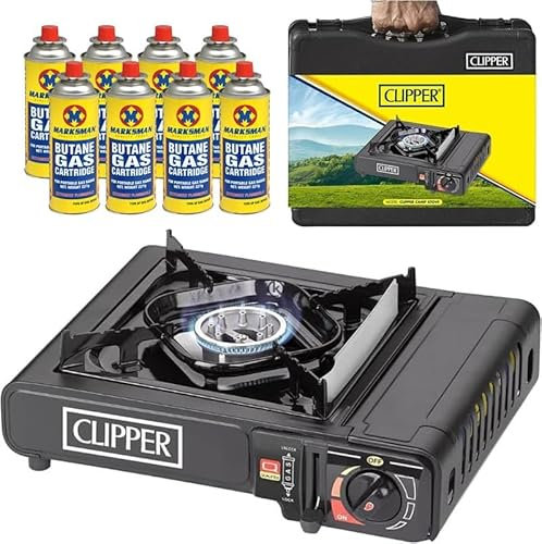 EVOKK Portable Gas Camping Stove with 4 Butane Canisters - Premium Camping Portable Gas Stove with Automatic Ignition and Heat Control - Gas Cooker and Camp Stove for Outdoor Cooking
