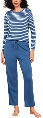 Bresdk Ladies Pyjamas Cotton Long Sleeve Two Piece Pjs Set for Women Winter Warm Strip Nightwear Elasticated Waistband Sleepwear with Pockets